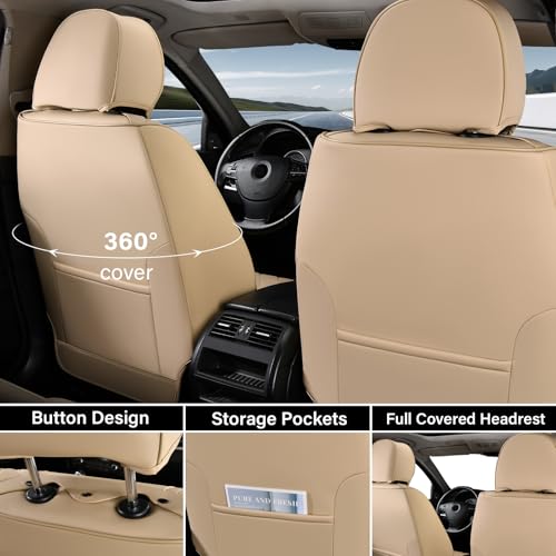 Image of Coverado Seat Covers, Car Seat Covers Front Seats, Waterproof Nappa Leather Auto Seat Cover with Lumbar Head Pillow, Beige Seat Covers Carseat Cover Universal Fit for Most Cars