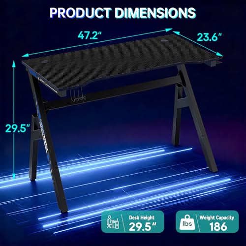 Image of BestOffice | 47 inch Gaming Desk | Black & Blue | Carbon Fiber Textured Computer Desk | Sturdy Steel Frame,Cup Holder, Headphone Hook, Cable Management Holes, Adjustable Leg Pads | for Gamers,Home,Office