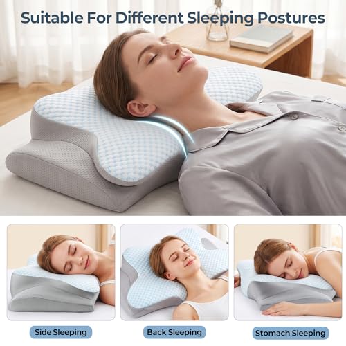Image of Cervical Pillow for Neck Pain Relief, Ergonomic Neck Pillow for Sleeping, Contour Side Sleeper Pillow for Neck Support, Orthopedic Cooling Memory Foam Pillows for Back Stomach Sleepers (Blue)