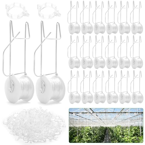 COITEK 20PCS Tomato Roller Hooks with 50FT String, Plant Climbing Tomato Support Hooks Includes 100 PCS Plant Support Plastic Clips for Climbing Plants, Flowers