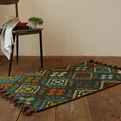 萩原 玄関マット 屋内 グリーン 約70×120cm 「クームース ヤード」 ウール100% 羊毛 手織り ノルディック エスニック