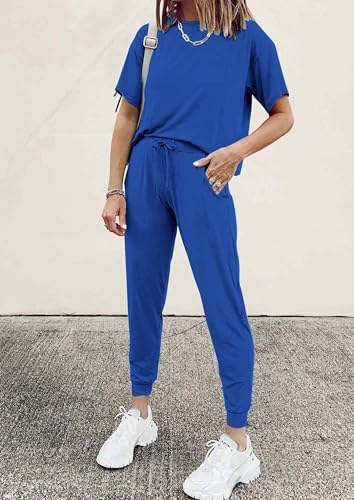Image of PRETTYGARDEN Women's Two Piece Outfit Short Sleeve Pullover with Drawstring Long Pants Tracksuit Jogger Set