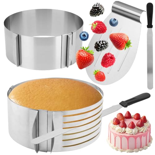 Yuragim Cercle a Patisserie, Reglable Cercle Gateau, 4 Set ustensiles à pâtisserie, Set pour layer cake, accessoire patisserie layer cake, Coupe Gateau, Acier inoxydable, Moule Fraisier Mousse Dessert