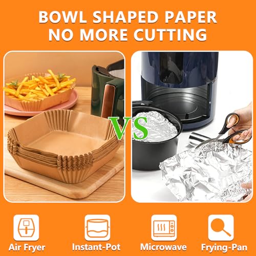 Image of 200PCS Air Fryer Liners Disposable: Square 7.9 Inch Non-Stick Airfryer Paper Liners - Food Grade Parchment Paper for 5 6 7 8 QT Air Fryer Baking and Roasting - Waterproof and OilProof (9 Inch on Top)