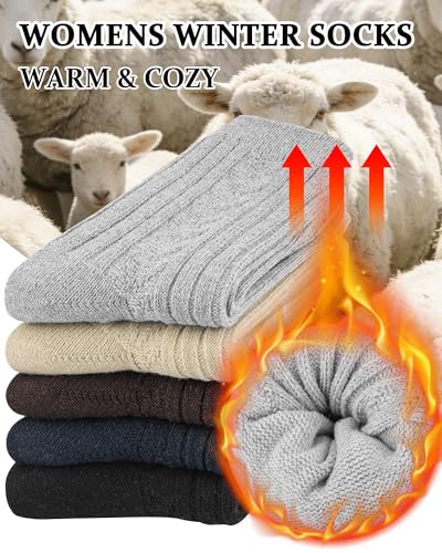 Image of Loritta Wool Socks for Women, Winter Warm Hiking Boot Socks Gifts | Classic Cozy Crew, Vintage Knit, Soft Thick House Socks, Outdoor, Christmas Gift, Stocking Stuffers for Mom Grandma Wife