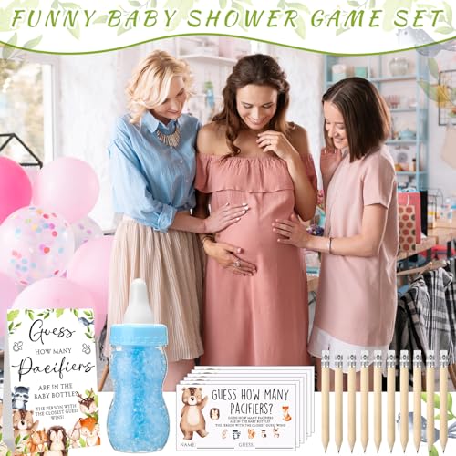 Image of Roowest 512 Pcs Baby Shower Games Guess How Many Pacifiers Sign 100 Small Guessing Games 10 HB Pencils 750ml Milk Bottle 400 Acrylic Pacifiers Decoration for Guest Gender Reveal(Bright,Woodland)