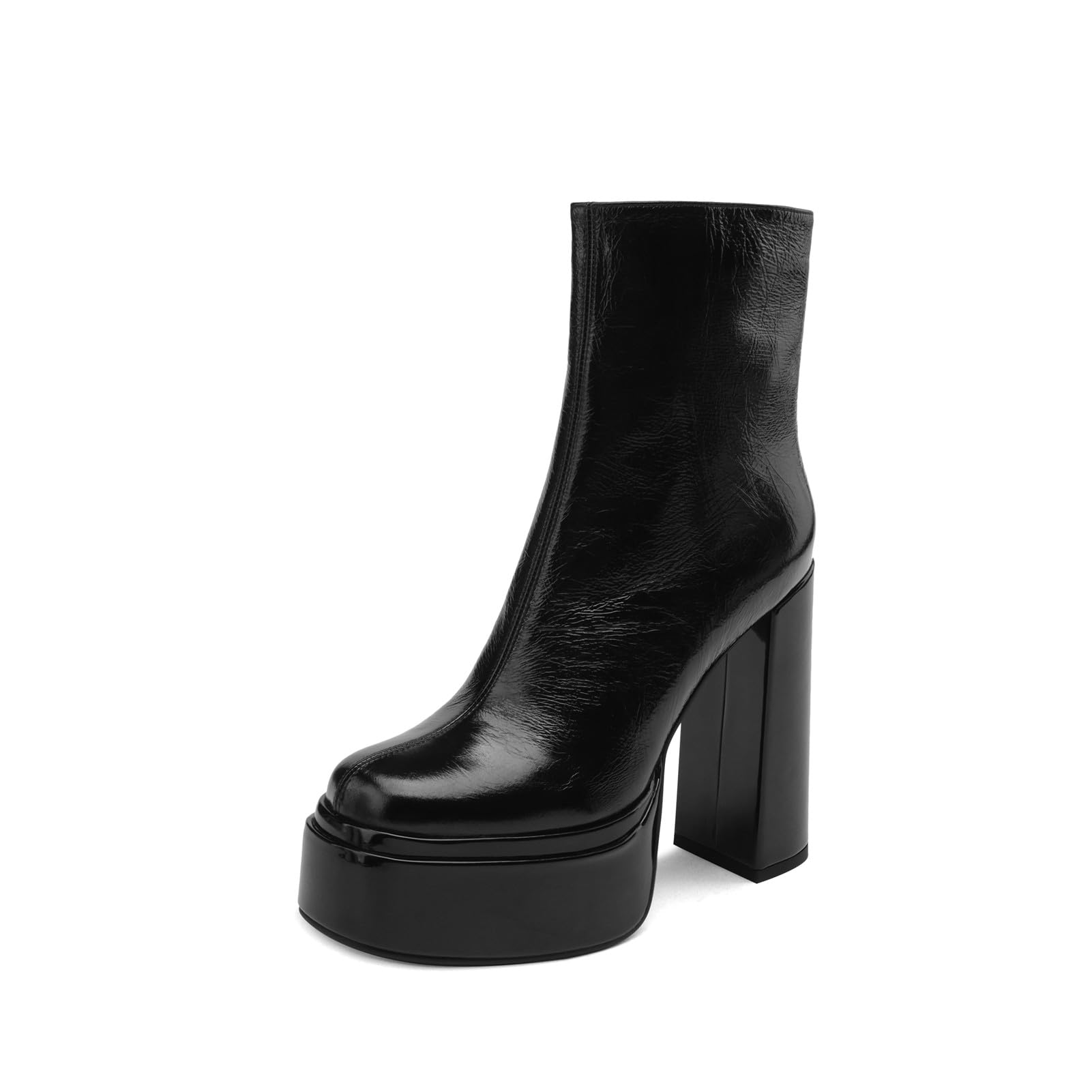TinaCus Womens Round Toe Patent Leather Handmade High Chunky Heels with Platform Zip Up Ankle Boots