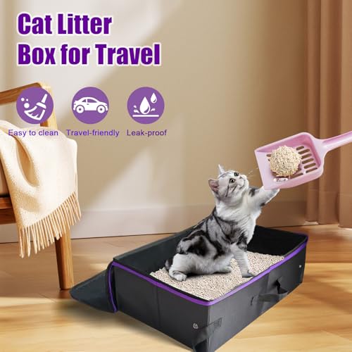Image of 20x14x6.5 Inches, Large Portable Cat Travel Litter Box with Zipped Lid & 10 Liners, Leak-Proof, Lightweight, Sturdy & Waterproof and Foldable Travel Cat Litter Box for Hotels, Car, & Camping