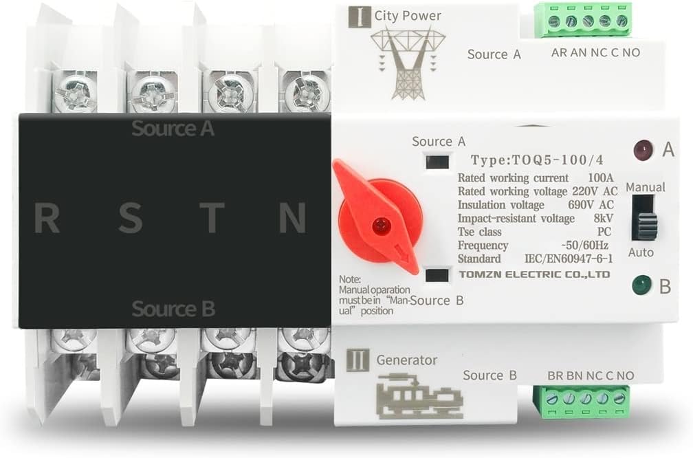 Circuit Breakers DIN Rail 2P 3P 4P ATS Dual Power Automatic Transfer Switches Electrical Selector Switches Uninterrupted Power 63A 100A (Color : 100a, Size : 3)