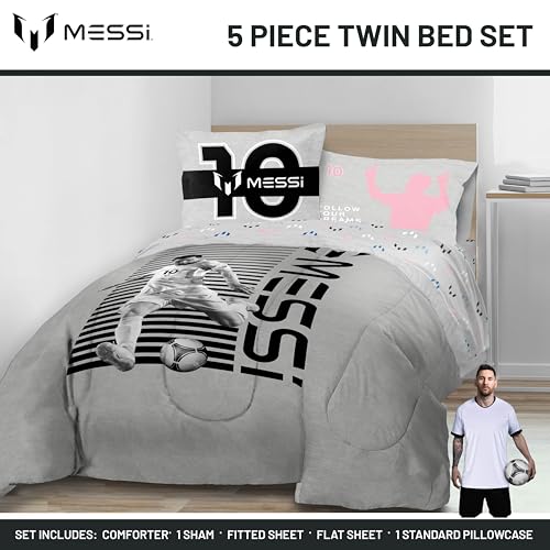 Image of Jay Franco Kids Comforter Set Includes Sheets and Pillow Cover - Soft and Cozy Bed Set for Stylish Room Decor, Grey - Messi, 5 Piece Twin