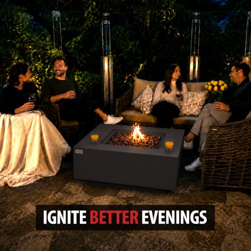 Image of AMS Creations | Brooklyn 40 inch Bundle Square Propane Gas Outdoor Fire Pit Table | Dark Gray Concrete GFRC Smooth Texture Surface Fire Pit Table