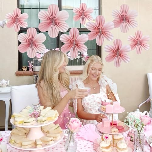 Image of SUNBEAUTY 9 PCS Pink and Cherry Blossom Party Decorations Pink Paper Fans Decor Sunset Party Floral Backdrop Decoration Hanging Paper Flowers for Wall Birthday Wedding Baby Shower Supplies