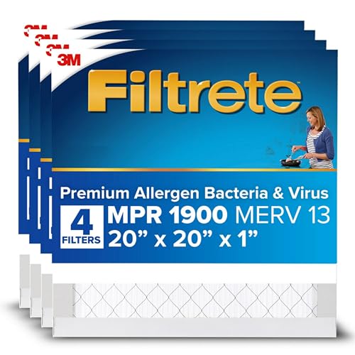 Filtrete 20x20x1 AC Furnace Air Filter, MERV 13, MPR 1900, Premium Allergen, Bacteria & Virus Filter, 3-Month Pleated 1-Inch Electrostatic Air Cleaning Filter, 4-Pack (Actual Size 19.69x19.69x0.78 in)