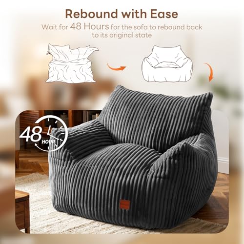 Image of Giant Bean Bag Chair, Oversized Bean Bag Couch for Adults, Fluffy Corduroy BeanBag with Armrests for Living Room, Bedroom, Dorm Vacuum-Compressed for Easy Gifting, 48h to Expand, Dark Gray