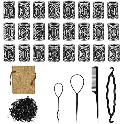 WETARENDA 24 PCS Hair Beard Beads Antique Norse Hair Tube Beads Viking Beard Beads Dreadlocks Beads Rune Beads with Hair Beader Tool Pouch Black Rubber Bands for Jewellery Bracelet Necklace Cover