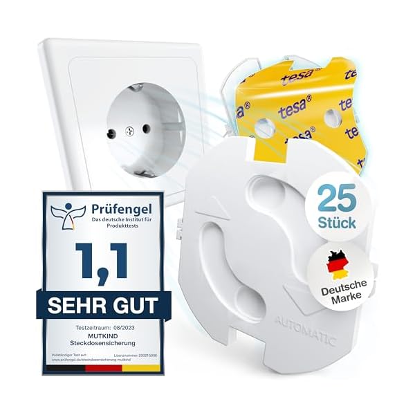 MUTKIND Steckdosen Kindersicherung - [Mit Kleber von TESA] Steckdosenschutz mit doppelten Halt - Zum Schutz für Babys und Kinder - Passend für jede Steckdose in DE - 25 Stk. Steckdosensicherung Baby