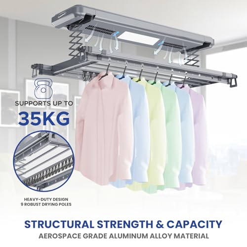 Image of KosmoCare Aluminum Pro Ceiling Mounted Electric Clothes Drying Rack|LED & UV Lights|Smart Motorized Laundry|Smart Clothes Hanger for & Balcony|Remote Control Drying Poles,Grey