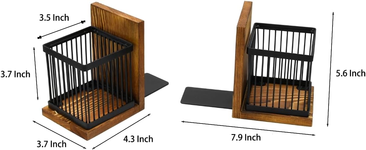 Owlgift Rustic Burnt Wood Decorative Bookends for Heavy Books with Matte Black Metal Wire Basket Pencil Holder and Office Supplies Storage Baskets Bins for Home, Office, Classroom, Dorm Room