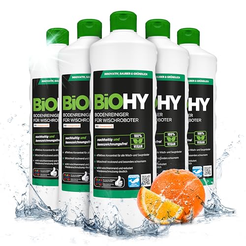 BiOHY Limpia suelos para robots de limpieza con aroma a naranja (6 botellas de 1 litro) | Concentrado de limpieza para todos los robots de limpieza | Sin espuma y sin rayas | Concentrado sostenible