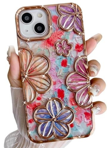 Image of mobistyle Designed for iPhone 15 Cover| Electroplating Colourful Flower 3D TPU Camera Protection Back Cover Case for Women Girls (Flower Gold)