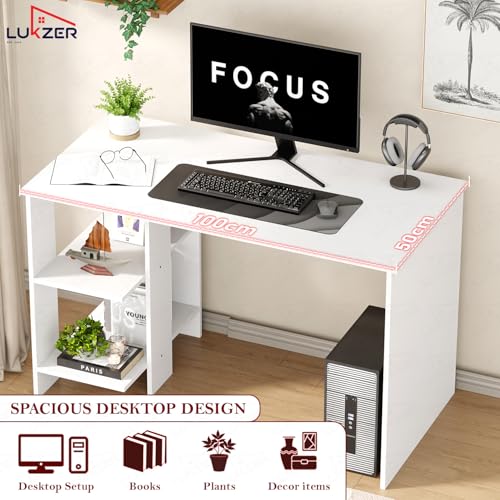 Image of Lukzer Engineered Wood Computer Desk with One Tier Shelves Laptop Study Table for Office Home Workstation Writing Modern Desk (ST-007 / White / 100 x 50 x 77 cm)