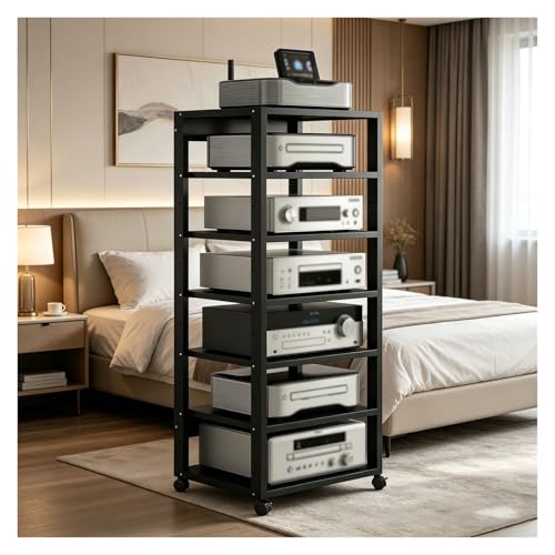 7 Niveaux Meuble HiFi, Meuble Audio/Vidéo avec Hauteur Réglable, Support Multimédia avec roulettes Et Étagères De Rangement, pour Bureau À Domicile(Noir)