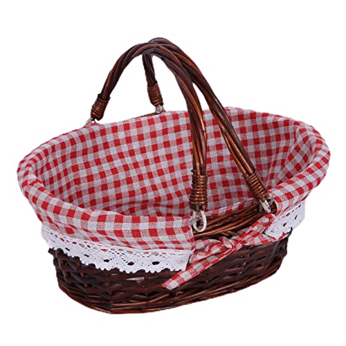 Fyearfly Panier de pique-nique tissé avec doublure vichy, poignées pliables, panier de rangement en rotin pour extérieur, plage, pique-nique, décoration d'intérieur