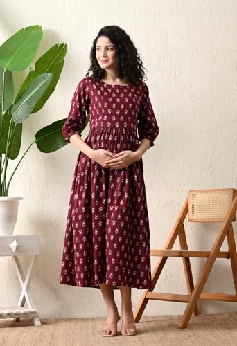 Image of Ichaa Women's Blue Cotton Printed Maternity Dress with Feeding Zips and Pocket| in Plus Sizes