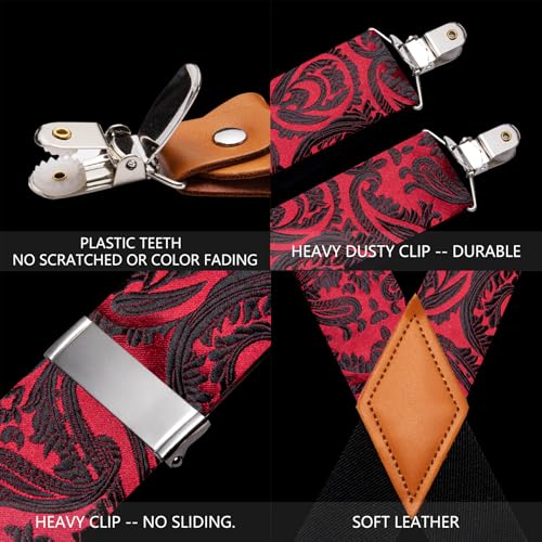 Image of Barry.Wang Men Suspender Set with Necktie Elastic Y Type Heavy Duty 6 Clips Braces Tie Handkerchief Cufflink Pin 6PCS