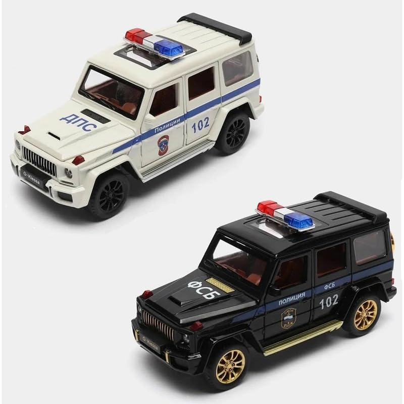 Image of Kids Model 1:32 G Wagon Police Die Cast Metal Car Pull Back Action Opening Doors with Realistic Engine Sound Lights Toy Car Gift for Boys - White