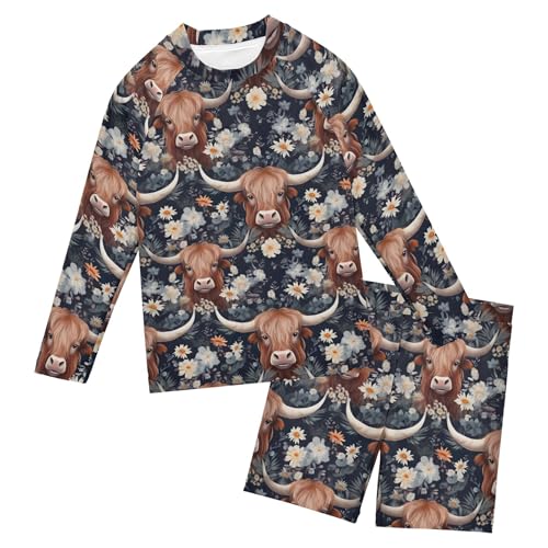 Highland Cow Flowers Animal Baby Boys' Toddler Long Sleeved Rashguard Swim Bathing Suit Set B0403263