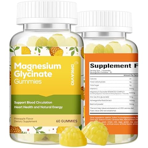 60 Count Magnesium Glycinate Gummies 400mg w/Ashwagandha Supplement - Sugar Free Zinc Magnesium Glycinate Supplement Ashwagandha Gummies for Adults Pineapple Gummies Cover