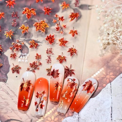 Image of Fall Nail Stickers Maple Leaf Nail Art Stickers Red Glitter Nail Decals 5D Embossed Self Adhesive Autumn Nails Design Charms Supply for Women Girls Thanksgiving Day Manicure DIY Decoration