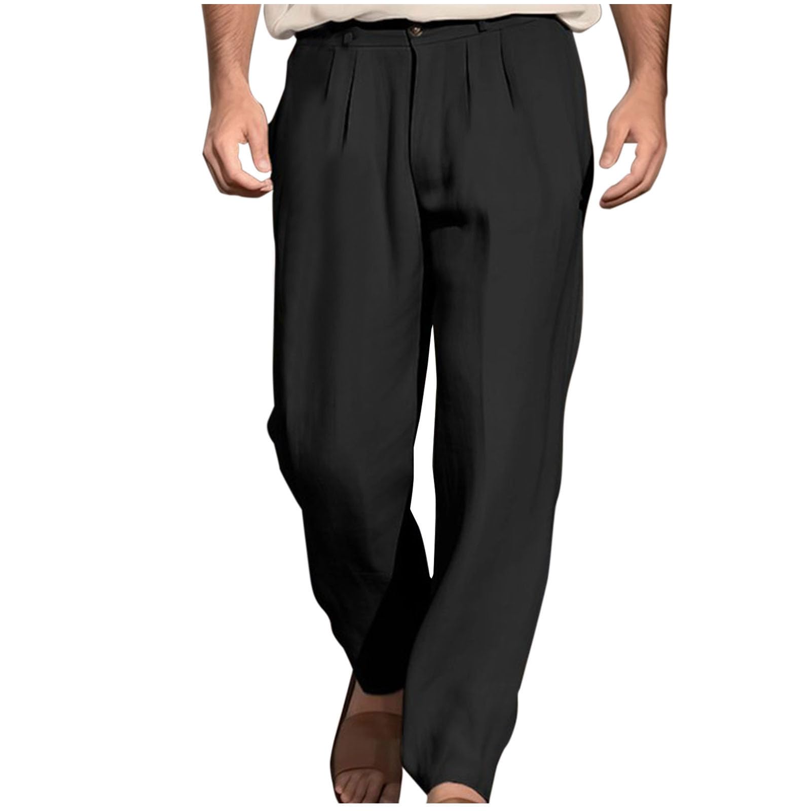 Linen Pants for Men Pleated Front Trouser Straight Leg Suit Trousers Classic Solid Office Trouser Lightweight Pant