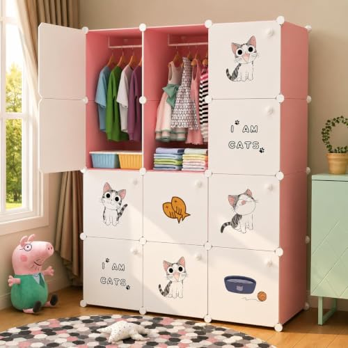 Image of 12 Door Plastic Wardrobe for Kids - Cupboard for Clothes Storage Rack, Almirah for Clothes, Baby Collapsible Wardrobe, Multi-Purpose Kids Storage Organizer for Books,Toy (Pink-KTG1, 12-Door)