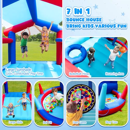 Bounce House with Slide, Kids Inflatable Bouncer with Sunshade Overhead Cover, Blower, 143 x 142 x 99 inches Backyard Bouncing Castle with Jumping Area, Ball Pit - Image 5