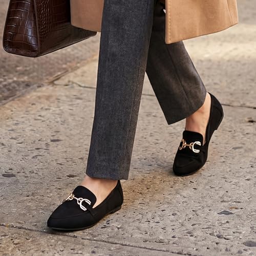 Image of Tilocow Metal Chain Loafers Flats for Women Pointed Toe Slip on Flats Dressy Casual Comfortable Work Business Shoes