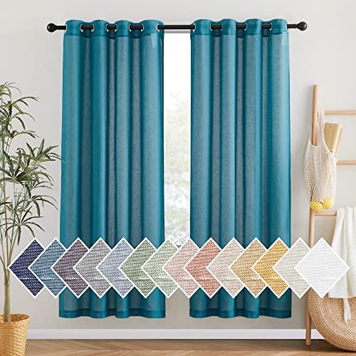 NICETOWN Linen Sheer Bedroom Curtains 72 inch Long, Grommet Top Casual Flax Semi Sheer Window Drapes Privacy with Light Filtering for Living Room, W52 x L72, Peacock Green, Set of 2