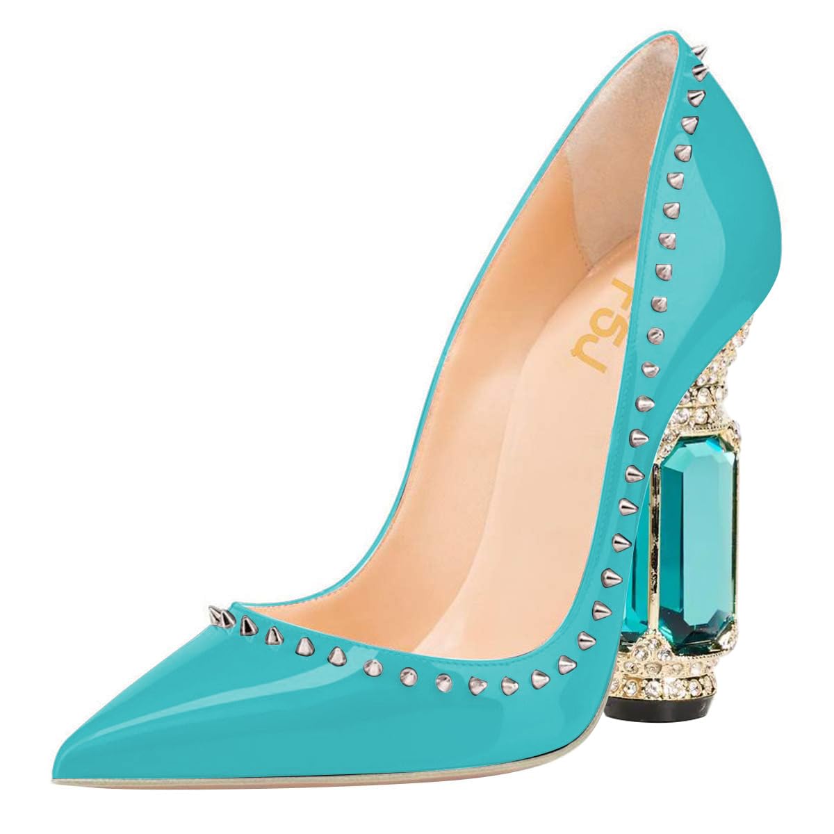 FSJ Women Bridal Pointed Toe Chunky Block High Heel Crystal Pumps Slip on Wedding Thick Comfort Evening Dress Studded Rivets Shoes