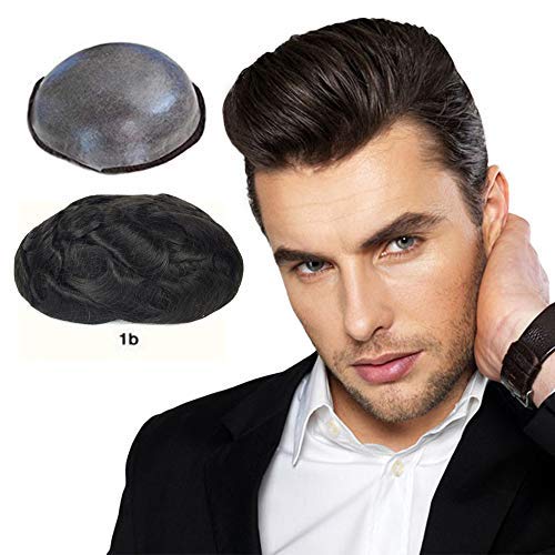 LLWear Toupee for Men Human Hair Mens Hair Pieces 0.06mm Soft Thin Skin Single Knotted Natural Wavy Men's Hair Replacement System with 8X10 inch Cap #1B(Off Black Color)