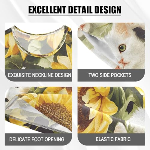 senya Short Sleeve Pajamas Sets Summer Cotton Sleepwear White Cat Sunflowers4