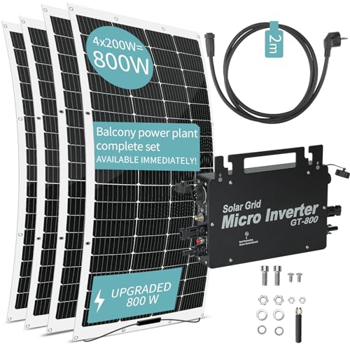 Fesjoy Planta de energía de balcón de 800 W con 4 paneles solares flexibles de 200 W, microinversor de red solar de 800 W, eficiencia de conversión solar del 23%, eficiencia MPPT estática del 99,80%