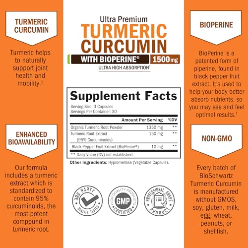 Turmeric Curcumin with Black Pepper Extract 1500mg - High Absorption Ultra Potent Turmeric Supplement with 95% Curcuminoids and BioPerine - Non GMO Tumeric Capsules for Joint Support - 90 Capsules - Image 4