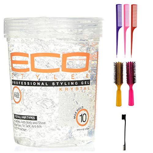 Eco Style Krystal Shine 32 oz Professional Hair Styling Gel (Including Double Sided Edge Control Hair Brush, 3 Piece Rat Tail Hair Comb Set & 2 pc Colorful Handle Nylon Bristles Brushes)