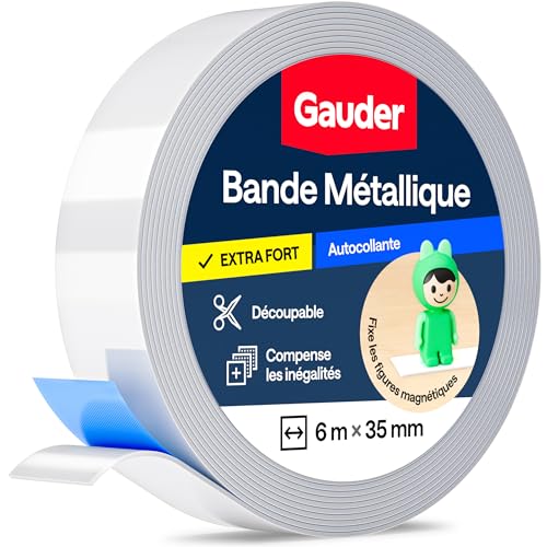 GAUDER Bande Métallique Autocollante - Idéale pour Figurines Tonie® & Étagères - Surface de Fixation pour Aimants - Bande Ferro avec Adhésif en Mousse - Bandes Fines en Acier (6 m x 35 mm)