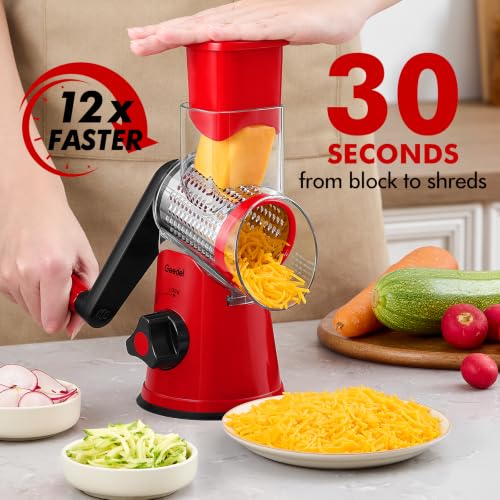Image of Geedel Rotary Cheese Grater, Kitchen Mandoline Vegetable Slicer with 3 Interchangeable Blades, Easy to Clean Rotary Grater Slicer for Cheese, Vegetables, Nuts