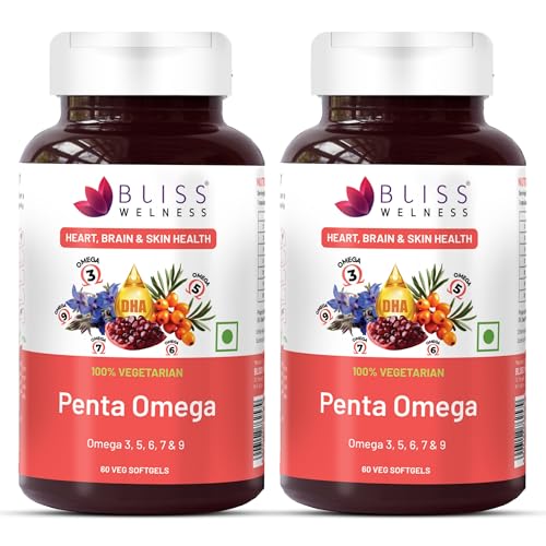 Image of Bliss Welness Veg Omega 3 5 6 7 9 Supplement | Plant Based Algal (DHA), Flaxseed Oil (ALA), Pomegranate Seed, Sea Buckthorn, Borage (GLA), Rosemary Extract, Sunflower Extract & No Fish Oil | Supports Heart, Hair, Skin & Joint Health | 60 Vegan Softgel Capsules Pack of 2
