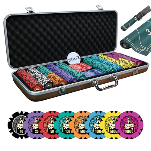 Image of Casinokart Poker Chipset with 2 Decks of Playing Cards & Dealer Button | Premium Casino-Style Poker Set with Carrying Case for, Blackjack & Game Nights (Muscular Knight, 300)