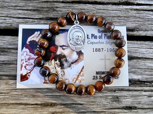 Saint Padre Pio Stretch Bracelet, 8mm Tiger Eye, Confirmation Bracelet, Cancer Support, Illness Recovery, Patron Saint, St Pio Bracelet, Size (Medium ~ 7.0 Inch Wrists)2
