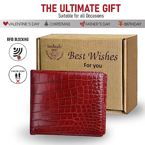 Image of HATA Men Leather Bifold Wallet RFID Blocking Front Pocket Exotic Billfold Handmade Gift For Birthday Wedding Anniversary Father's Day